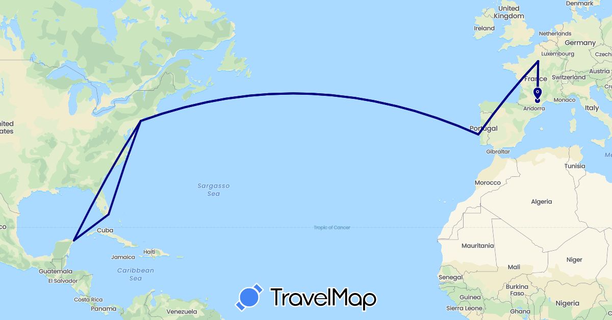 TravelMap itinerary: driving in France, Mexico, Portugal, United States (Europe, North America)